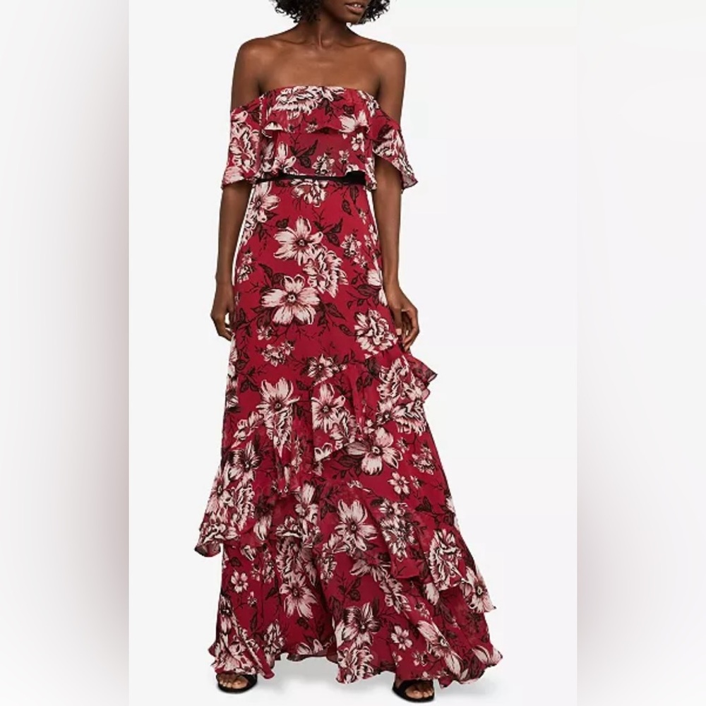 BCBGMaxAzria Burgundy Floral Off-Shoulder Maxi Dress